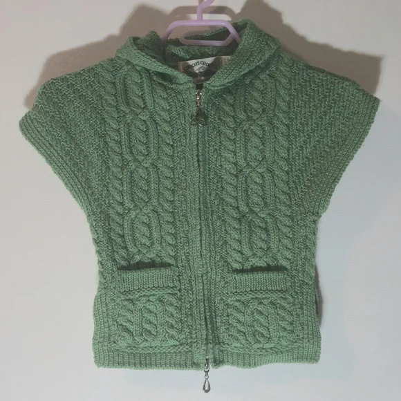 Aran Crafts Sz 2-3Y Green Merino Wool Irish Fisherman Zip Hooded Vest - Picture 5 of 10